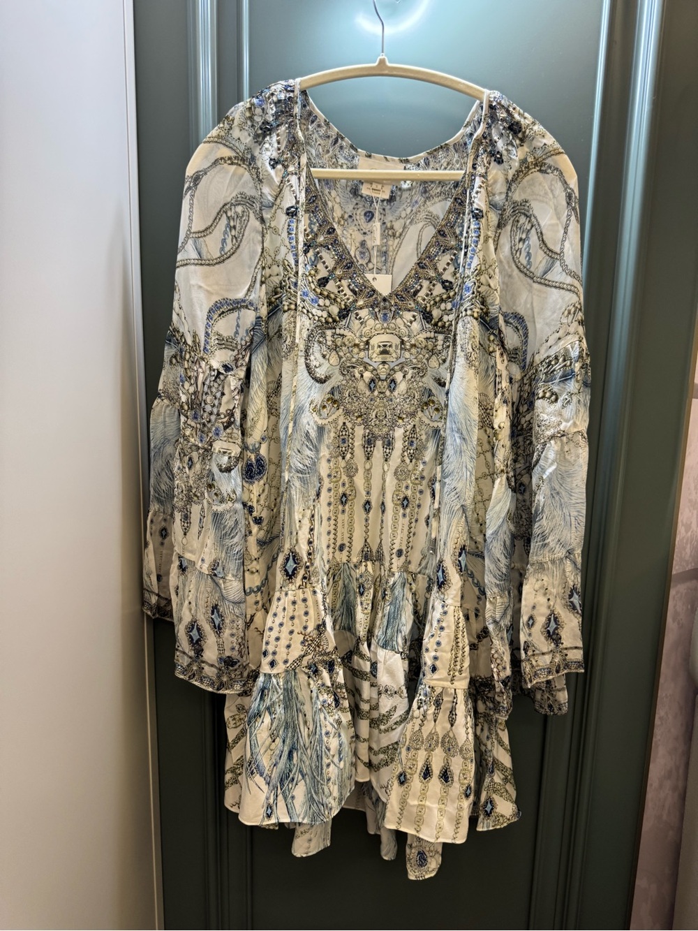 Camilla Embroidered Boho Tunic Dress in Ivory and Blue